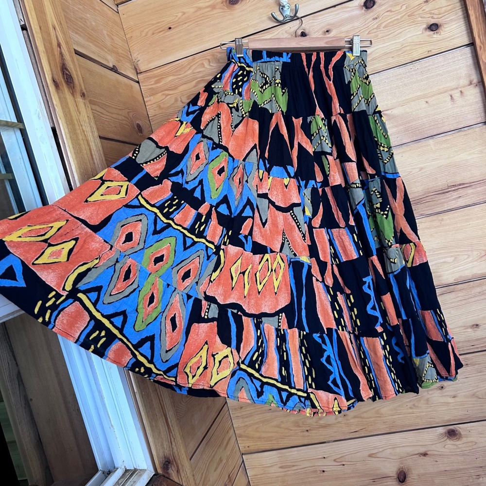 Vintage Rayon Maxi Skirt Womens Large Multi Geometric Abstract Tiered Boho 90s